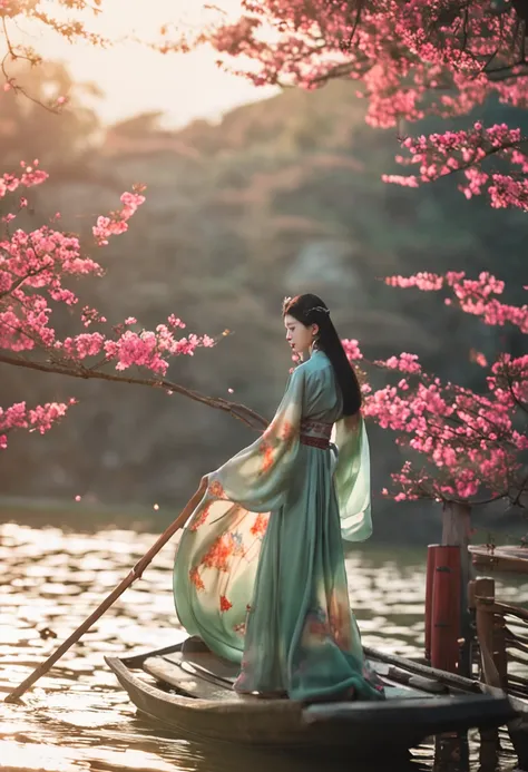 Hanfu little fairy elegant art fresh and natural breath bright soft light set off sitting on a boat boat in the middle of the lake Hanfu