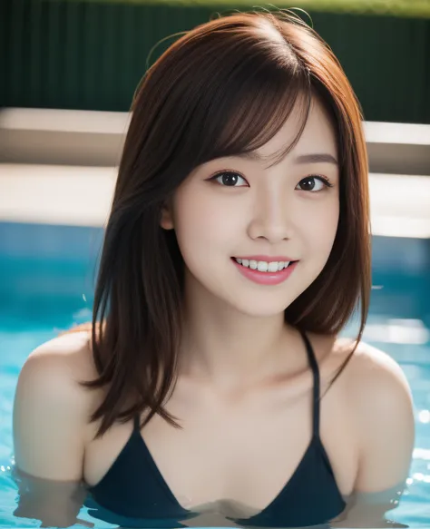 ((Best Quality, 8K, Masterpiece: 1.3)), a beauti, In addition, melon face, Friendly and cute, sweet smile, Pure desire, Slender body, (electric wires), (tilted head), ((looking at camera) ), Wearing a swimsuit, Black soft medium hair, Long flowing shoulder...