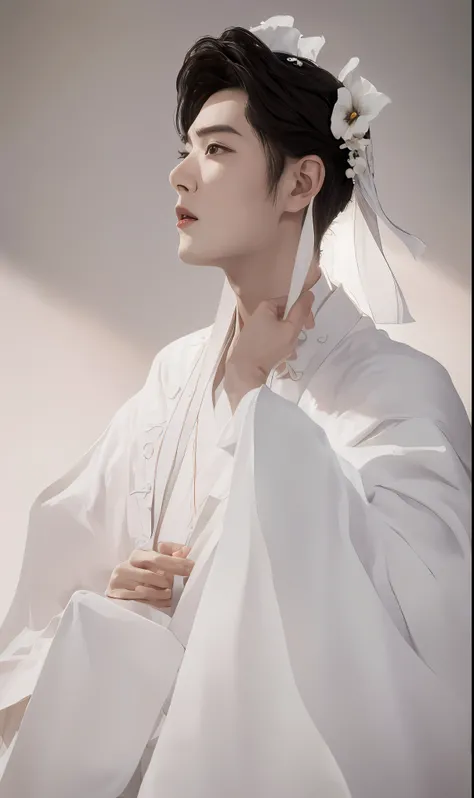 A handsome man in a white robe, Wearing pink flowers on his head, White Hanfu, Hanfu, Xiao Zhan, Big handsome guy, Invincible big handsome guy, Indescribable beauty, A boy in Hanfu, Long flowing black hair and robes, Daoism, white daoist robes, Flowing whi...