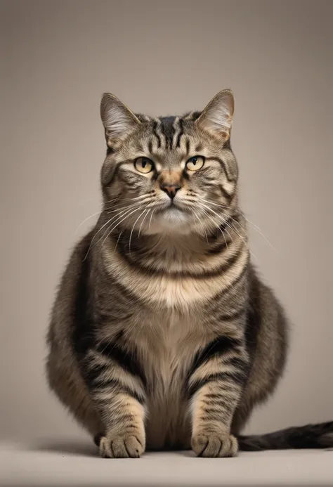 Generate an ultra-high-definition image by capturing a fat Tabby cat in a chic, classic cat pose. Use advanced macro photography techniques to highlight the intricate details of the cats coat, bigote, y ojos expresivos. Place the camera at the cats eye lev...