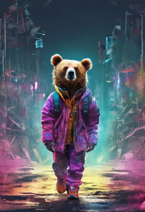 Perfect centering, Cute little bear, Wear a student team jacket, Wearing sunglasses, Wearing headphones, cheerfulness, Standing position, Abstract beauty, Centered, Looking at the camera, Facing the camera, Approaching perfection, Dynamic, Highly detailed,...