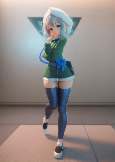 Anime girl posing for photo in green top and blue pants, anime styled 3d, render of a cute 3d anime girl, full entire body fun pose, Casual pose, full body portrait of a short!, 3d anime girl, small curvaceous loli, anime vtuber full body model, full body ...