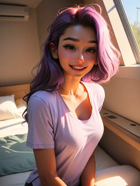 (higher resolution, distinct_image) The best quality, a woman, masterpiece, highly detailed, semi realistic, 21 years old, beautiful, young, handsome, t-shirt, lilac shirt pulled, collar on neck, interior, modern room, window, wake up, morning, blush, smil...