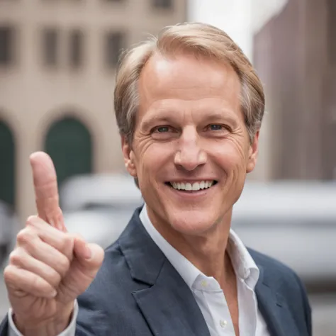 A political campaign poster of slightly aged Patrick Fabian running for United States Congress. He has a smile and hes giving a thumbs up. Dignified and restrained.