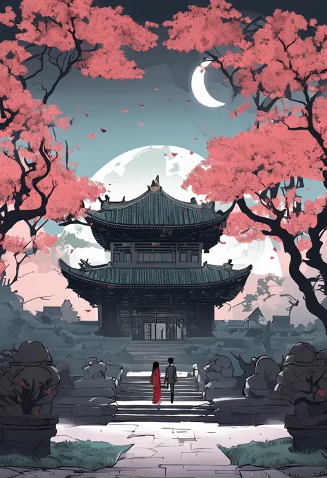 Young men and women nestled in the moonlight garden in the center of the picture，The silhouette of the temple is clear, mysterious and historical。Outline of house trees in background，Create a quiet and romantic atmosphere。Tranquil and fresh tones，Emphasize...