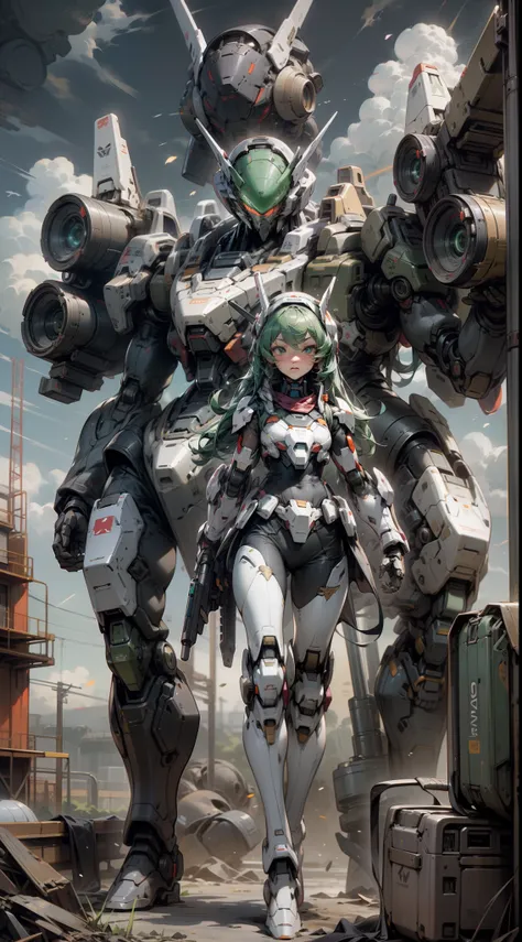 ((best qualityer)), ((Masterpiece)), (The is very detailed: 1.3), 8K，Purple and fluorescent green color scheme，Cool painting，Its sci-fi，Wandering machine gun shooter in the desert，Armed with a heavy machine gun，Gatling gun，Streamlined red armor，There are c...