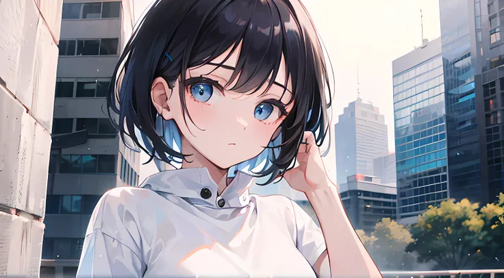 1girl, short black hair, blue eyes, wearing plain white shirt, denim shorts, city, absurdres, high res, ultrasharp, 8K, masterpiece, looking at viewer