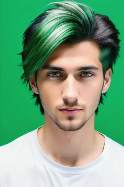 Man with green hair and white shirt looking at the camera, Hair Coloring, retrato colorido, Destaques verdes, pele de cor verde, foto colorida hiper realista, retoque profissional, color photograph portrait 4k, cabelos verdes, tonalidade verde, color studi...