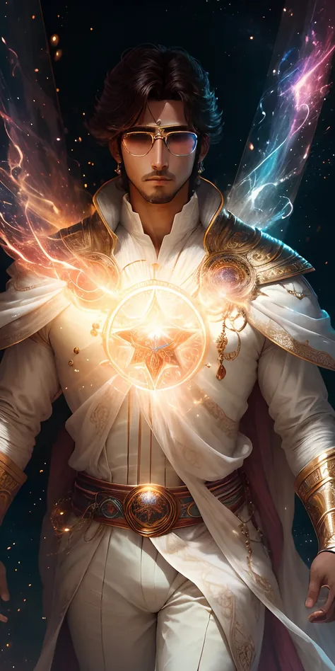 (8k), Ultra resolution 8K, Stunning illustration of a celestial splendid, Ethereal hero , Warrior Prince,, esplorador guerrero, Cosmic glasses, Flowing luminous white tunic suit ,cinematic lighting