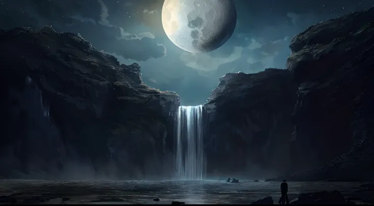 There was a man standing in front of the waterfall in the middle of the night, alien waterfall, 4K HD wallpapers very detailed, surreal tears from the moon, 4k highly detailed digital art, Sci-fi fantasy desktop wallpaper, amazing wallpapers, 8K HD wallpap...