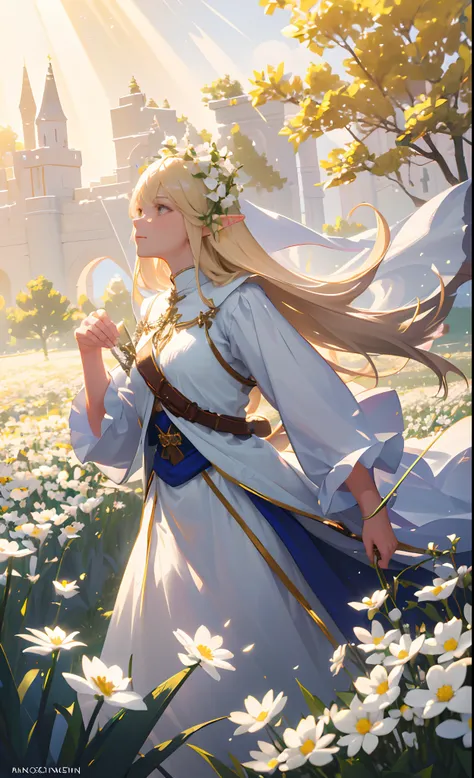 masterpiece, best quality, 1girl, elf adventurer walking through a field of white flowers, dutch angle, cinematic, volumetric lighting, sunbeam, soft lighting, mystical, magical, rim lighting, fantasy, sparkle, glittering