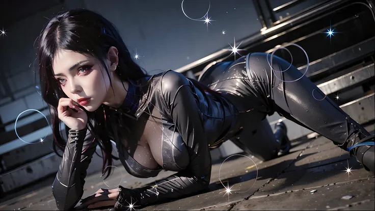 The Arad woman in black latex lay on the ground, seductive cyberpunk dark fantasy, female cyberpunk anime girl, Cyberpunk 2 0 y. o model girl, trending on cgstation, cyberpunk glossy latex suit, cyberpunk angry gorgeous goddess, cyberpunk beautiful girl, w...