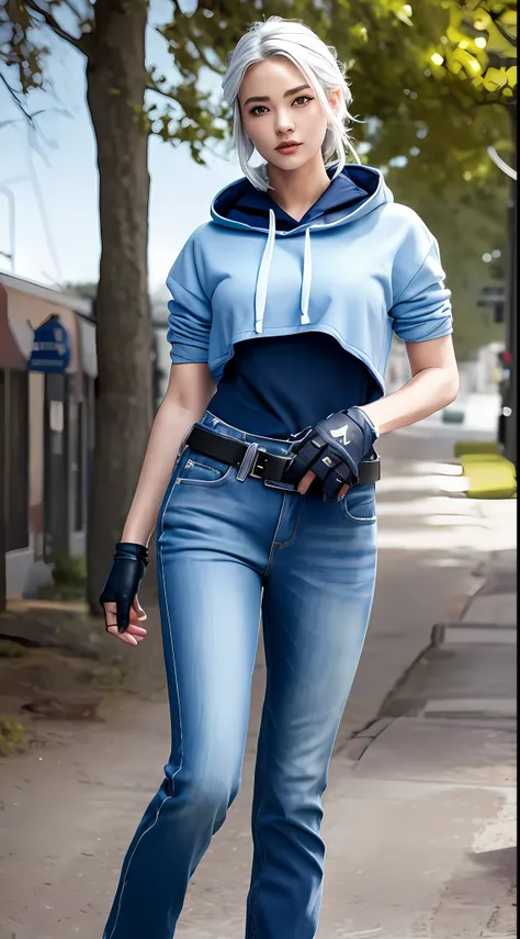 1girl, jett (valorant), cosplay, valorant, blue hoodie, jeans pants, blue eyes, thin lips, silver hair, gloves, solo, upper body...