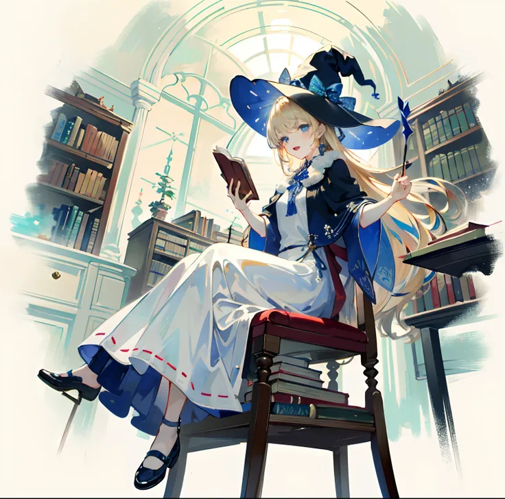 ((masterpiece:1.2, best quality)), 1girll, solo, (very large witch hat), blonde hair, dress, mitts, white dress, open mouth,  bl...