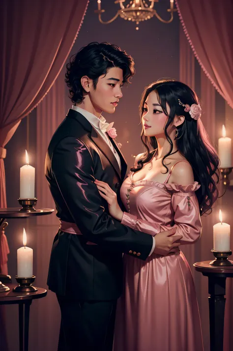 Valentines Day poster，Handsome asian boy and pretty girl with wavy curls，large shiny eyes，Wear beautiful clothes，Candlelit dinner，rosette，[waxy candles]，The background is a romantic western restaurant，Pink tones，Romantic atmosphere，lightand shade contrast，...