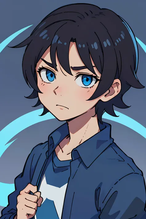 （best qualtiy：0.8），（best qualtiy：0.8），Perfect anime illustration，shoun，blue color eyes，brown  hair，simplebackground，badness，（ember），short detailed hair，Libido boy，male people，younge boy