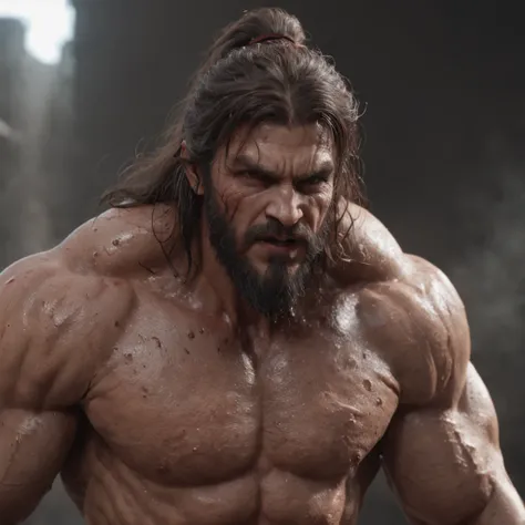 (professional 3d render:1.3) af (Realistic:1.3) most beautiful artwork photo in the world，Features soft and shiny male heroes, ((Epic hero fantasy muscle man rough wet hero angry look long hair short beard and ferocious expression in dynamic pose, Fantasti...