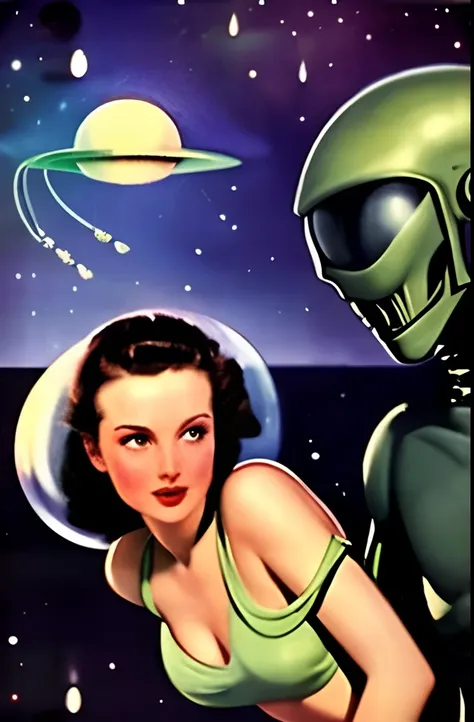 sd-pulp, Martian, (alien Invasion:1.2), planet background, (restrained woman), 1940,