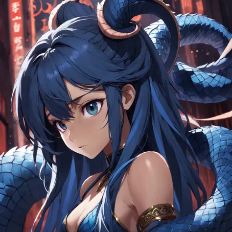 A darked skinned, human serpent hybrid, with dark blue scales and hair with a long serpent tail.