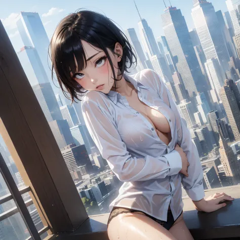 Woman dressed in white shirt, thoughtful look with very short black hair, light ray, beauty, hot , panties, sexy, wet, lying in the tower city, amazing light, straddle, blue sky, city skapes, futures, ahegao, fucked on vital.