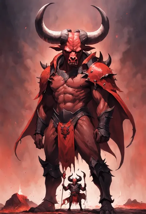 A bull-headed demon with large horns, corpo superior forte e forte, demon skins, peles, ((Garras, asas)), demon armor, respingos de sangue, Skulls on the ground, standing in a blood ritual, medieval, Quarto escuro, luz fraca, obra-prima, realista, oil-pain...