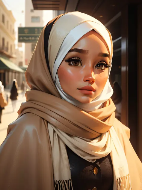 a close up of a woman wearing a tan hijab, hijab, head scarf, shawl, scarf, long hair shawl, white hijab, malaysian, inspired by Naza, brown color, inspired by Fathi Hassan, veiled face, her skin is light brown, veiled, headpiecehigh quality, taupe, wearin...