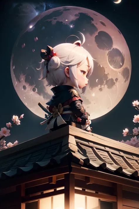 Chibi Samurai、cherry blossoms falling、Moon Night、Looking up at the moon、posterior view