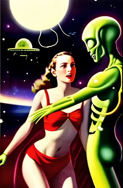 sd-pulp, Martian, (alien Invasion:1.2), planet background, (restrained woman), 1940,