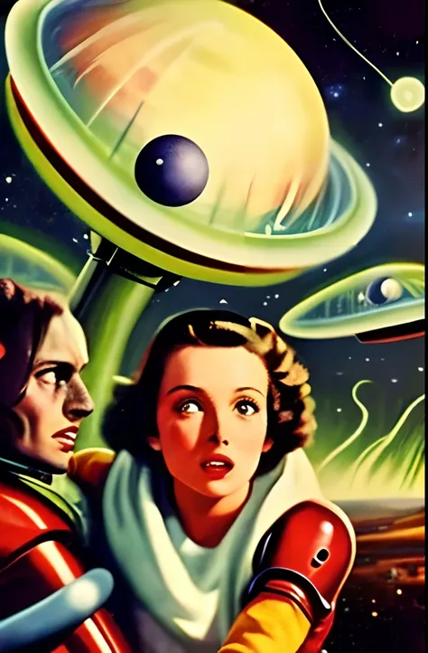 sd-pulp, martian, (alien invasion:1.4), planet background, (restrained woman), 1940,