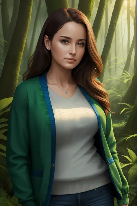 Digital artwork: Portrait of a 25-year-old woman wearing a sweater jacket, situated in a lush forest with vibrant grass and dense bushes surrounding her.