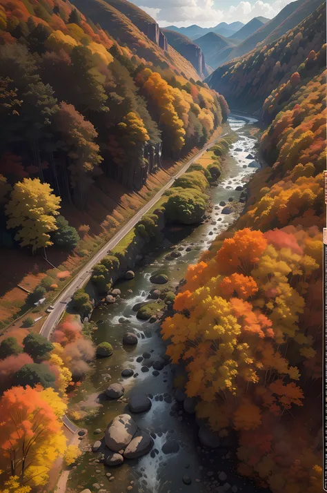 A stream flows between the mountains and valleys of autumn leaves、Autumn sunny、Captured from above、cinematic scene、８K quality