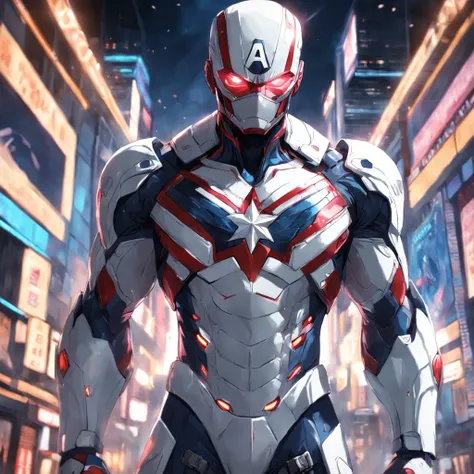 A realistic depiction of an advanced cyber suit-wearing white captain america