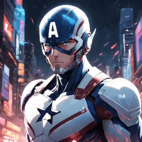 A realistic depiction of an advanced cyber suit-wearing white captain america