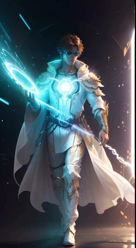 (8k), Ultra resolution 8K, Stunning illustration of a splendid celestial, Ethereal hero , Warrior Prince,, gafas cyberpunk, Cosmic glasses, Flowing luminous white tunic suit , saliendo de un portal  (Time machine in your hand: 1.7)cinematic lighting