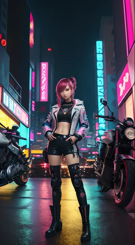 masterpiece, best quality, 1 cyberpunk girl, full body shot, standing in front of motorcycle, neon lighting boots,looking at viewer, Confident cyberpunk girl with sassy expression, Harajuku-inspired pop outfit, bold colors and patterns, eye-catching access...