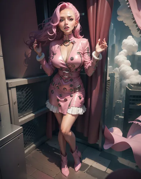 a full body Lex a Beautiful woman, happy, fun, full of life, wearing a light pink leather jacket waist-coat, a pink miniskirt, and white ankle length go-go boots, surrounded By a giant persona Monster, in a destrones metropolis, character, thin, petite, sm...