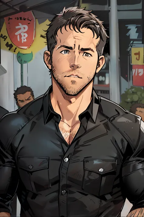 a close up of a man in a black shirt and jeans, ryan reynolds, intense smoldering, ryan reynolds dead pool, ryan reynolds as batman, smoldering, film still of ryan reynolds, ryan reynolds as a bodybuilder, handsome man, menacing!!!, clean shaven!!!!, he is...