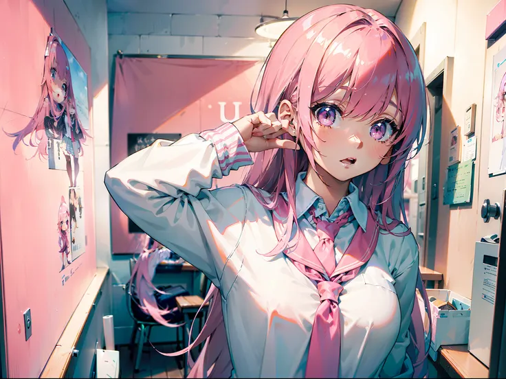 best quality))),(((ultra detailed))),(((masterpiece))),illustration, (1 people), (girl), (cute), (long pink hair), (surprised expression), (pink student uniform), (campus corner), (alone)"