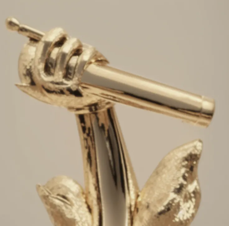 Holding a golden microphone in his hand，Close view, close - up view, Close-up view, high angle close up shot, close up high detailed, high detail shot, Detailed artwork, sculpture made of gold, highly detailed carvings, Detailed picture, engraved highly de...