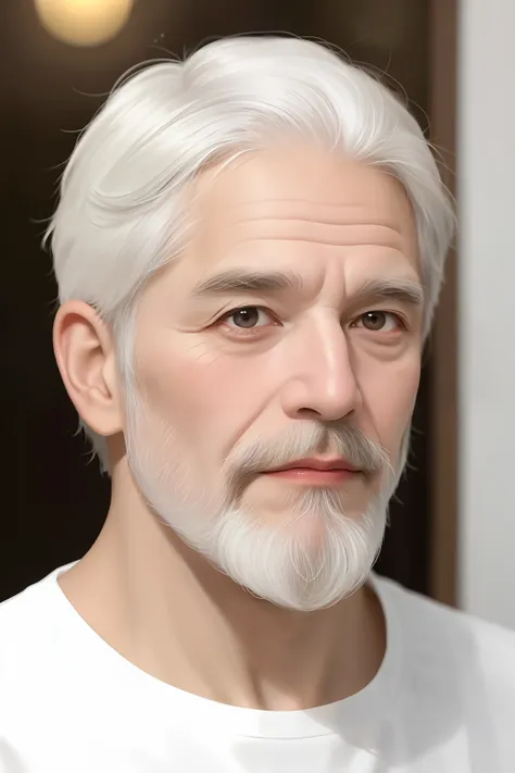 old man about 48 years old white hair and white grandfather-like beard and brown eyes