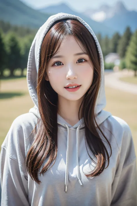 woman 29, full body, cute, ultra-detailed human face, long dark hair, fringe, ultra-detailed brown eyes, ultra-detailed teeth, white teeth, wearing a hoodie, its snowing, mountains, amazing fine detail, Canon 5DM4, film stock photograph, f1.6 lens, lifelik...