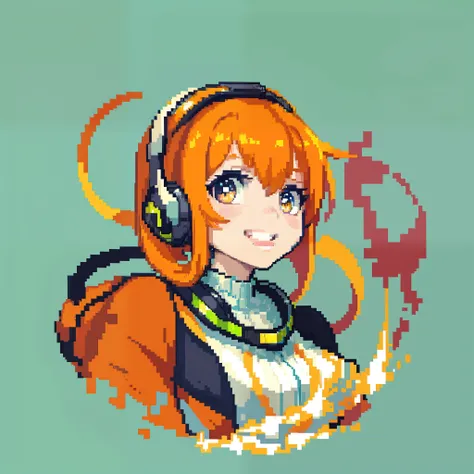 (Fragmented style: 1.3),Orange hair, neck headphones, notesLovely smile, big photo,(Masterpiece:1.2), (The highest quality:1.3)