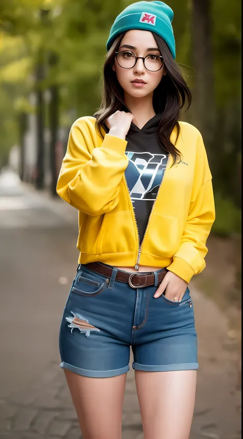 1girl, killjoy (valorant), cosplay, valorant, yellow hoodie, green beanie, blue jeans, glasses, brown eyes, thin lips, brown hair, solo, upper body, outdoors, noon, streets, sunshine, standing, beautiful face, (cowboy shot), 8k, hdr, ultra highres, masterp...