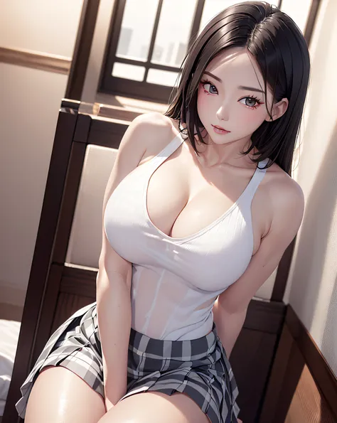 (1female body builder:1.37), masterpiece, best quality, illustration, ultra-detailed, finely detail, highres, 8k wallpaper, perfect dynamic composition, beautiful detailed eyes, natural lip, (((wearing a white tank-top:1.37, plaid pattern box-pleats-long-s...