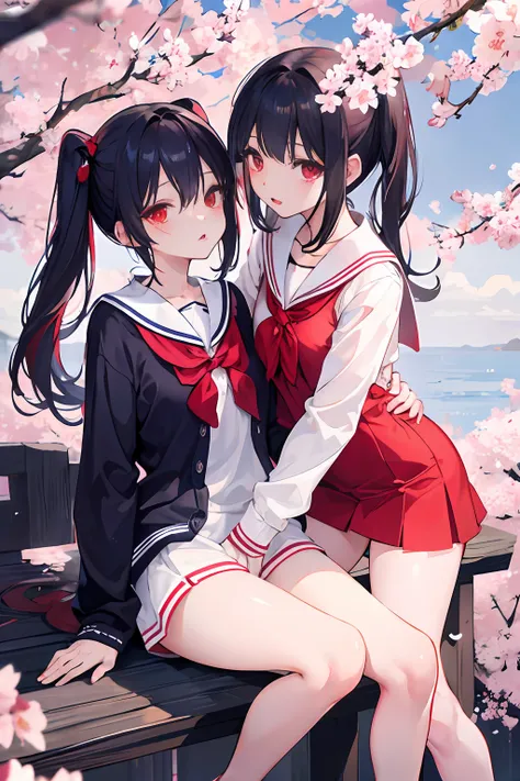 2girls、nightcity、Great body、Great legs、Sailor suit with blood on it、Wearing a cardigan、A dark-haired、Being touched in the crotch while sitting、Holding a weapon with blood on it、Cherry blossoms are dancing、poneyTail、Ordinary girl、Touching the body、Licking e...