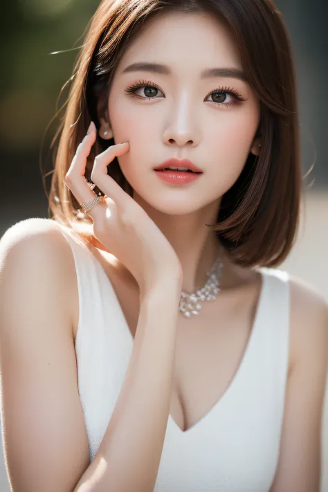 (Best quality, 8k, 32k, Masterpiece, UHD:1.2),Photo of Pretty Japanese woman, 1girl, (medium-short dark brown hair), double eyelid, large breasts, casual white dress, jewelry, necklace, rings with diamond, touching ear