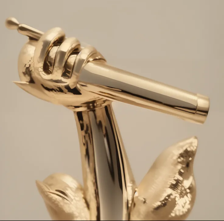 Holding a golden microphone in his hand，Close view, close - up view, Close-up view, high angle close up shot, close up high detailed, high detail shot, Detailed artwork, sculpture made of gold, highly detailed carvings, Detailed picture, engraved highly de...