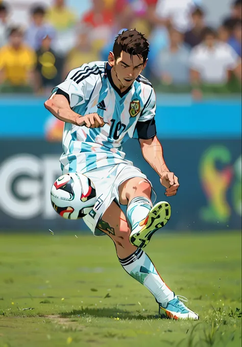 araffe soccer player kicking a soccer ball on a field, messi, lionel messi, lionel messi portrait, the best ever, messi as cyborg, award - winning shot, award-winning shot, dribbling, no stipe, flying shot, at the world cup, opening shot, stunning sight, s...