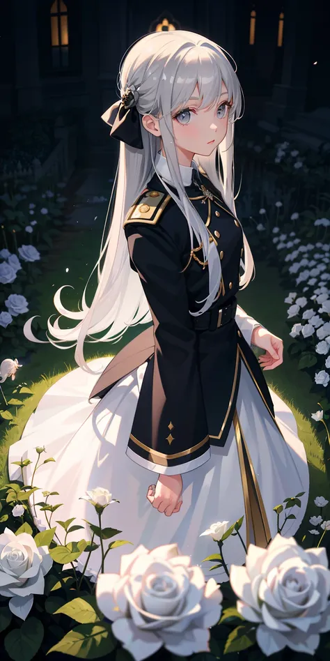 1girl, with light glowing, sidelighting,（tmasterpiece，best qualtiy），Commanders uniform，teens girl，Long black hair and silver-gray eyes，Stand on the lawn of white rose bushes，Side face turned to look at me，Top angle of view