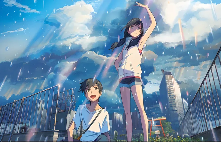 A boy and a girl in blue sky and white clouds outdoors comic style light rain happy state long-haired girl boy carrying a shoulder bag